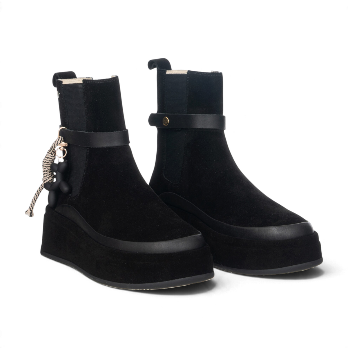 ShoeShop ROSITA03 black suede platform ankle boots with decorative charm strap and pull tabs
