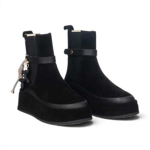 ShoeShop ROSITA03 black suede platform ankle boots with decorative charm strap and pull tabs