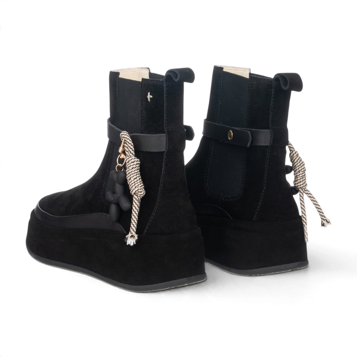 ShoeShop ROSITA03 black suede platform ankle boots with decorative rope ties and side strap detail