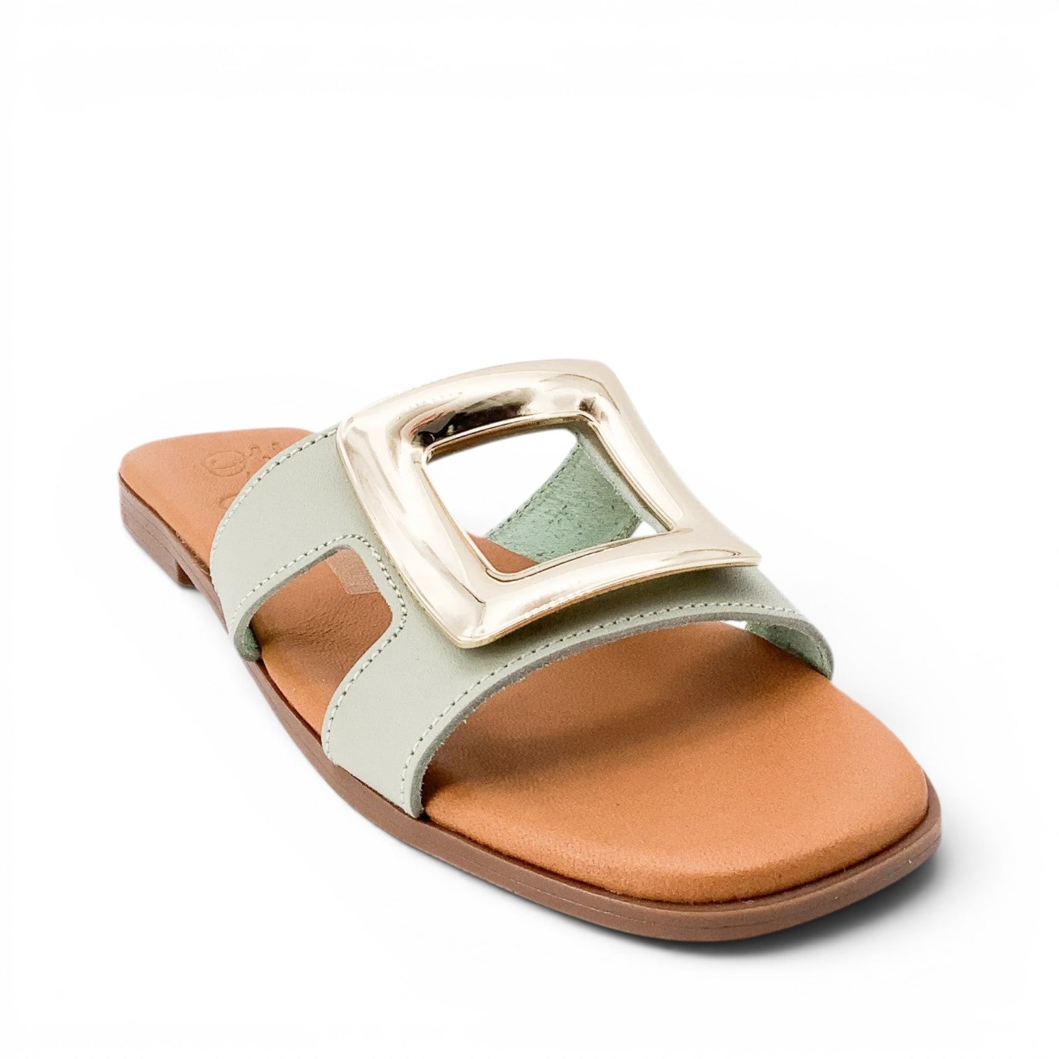 ShoeShop Oh My Sandals 5565 in sage green leather with a large gold square buckle detail and tan footbed