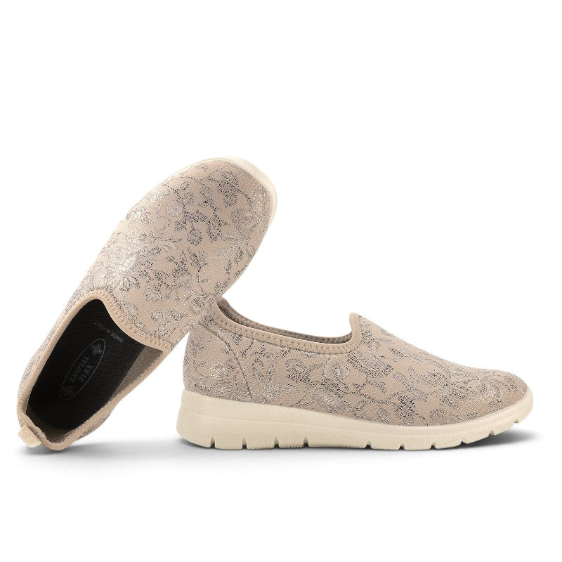 ShoeShop Sanital Flex SC111.13 beige slip-on shoes with metallic floral pattern and flexible stretch fabric upper