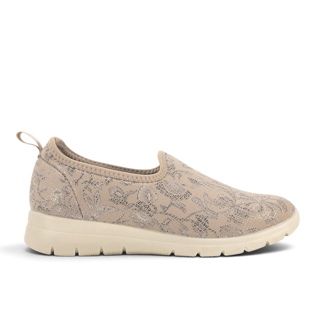 ShoeShop Sanital Flex SC111.13 beige slip-on sneakers with a metallic floral pattern and a comfortable flat sole