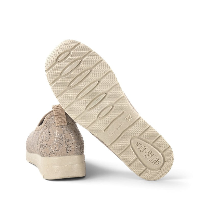 ShoeShop Sanital Flex SC111.13 beige stretch fabric slip-on shoe with anti-shock sole, bottom view