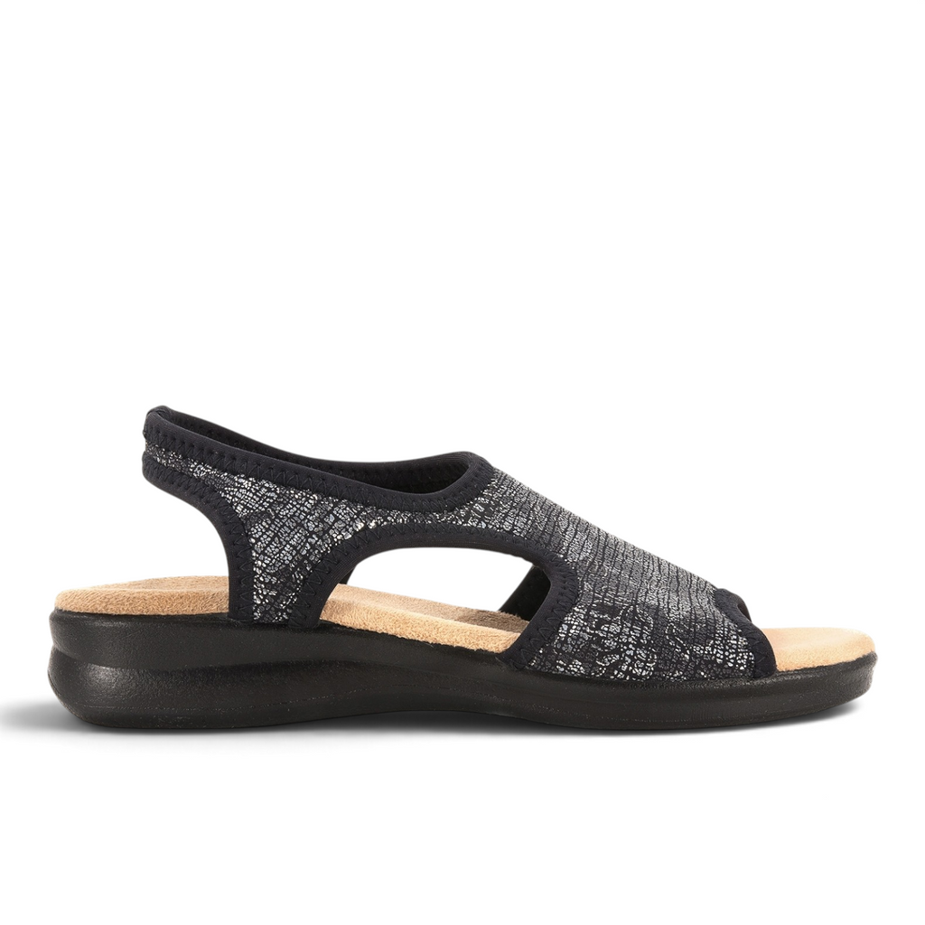 ShoeShop Sanital Flex 8056.17 black metallic comfortable walking sandals with cushioned beige insole