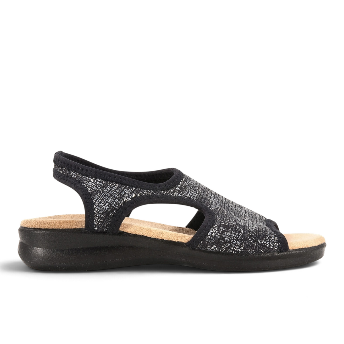 ShoeShop Sanital Flex 8056.17 black metallic comfortable walking sandals with cushioned beige insole