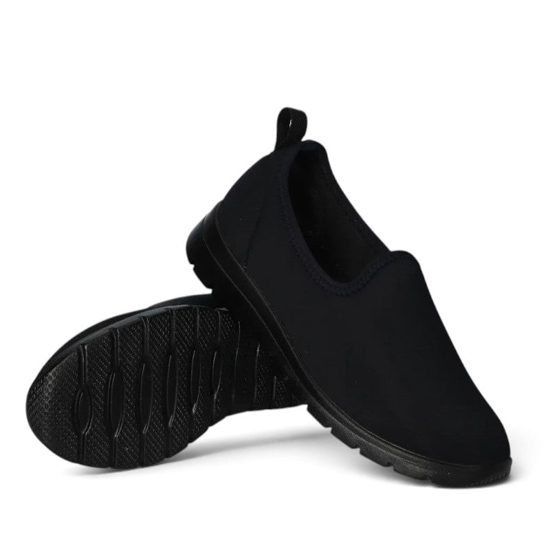 ShoeShop Sanital Flex black stretch textile slip-on shoes with a wide H-fit and synthetic sole