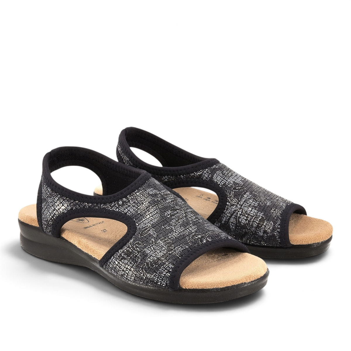 ShoeShop Sanital Flex 8056.17 black and silver metallic open-toe comfort sandals with cushioned beige insoles