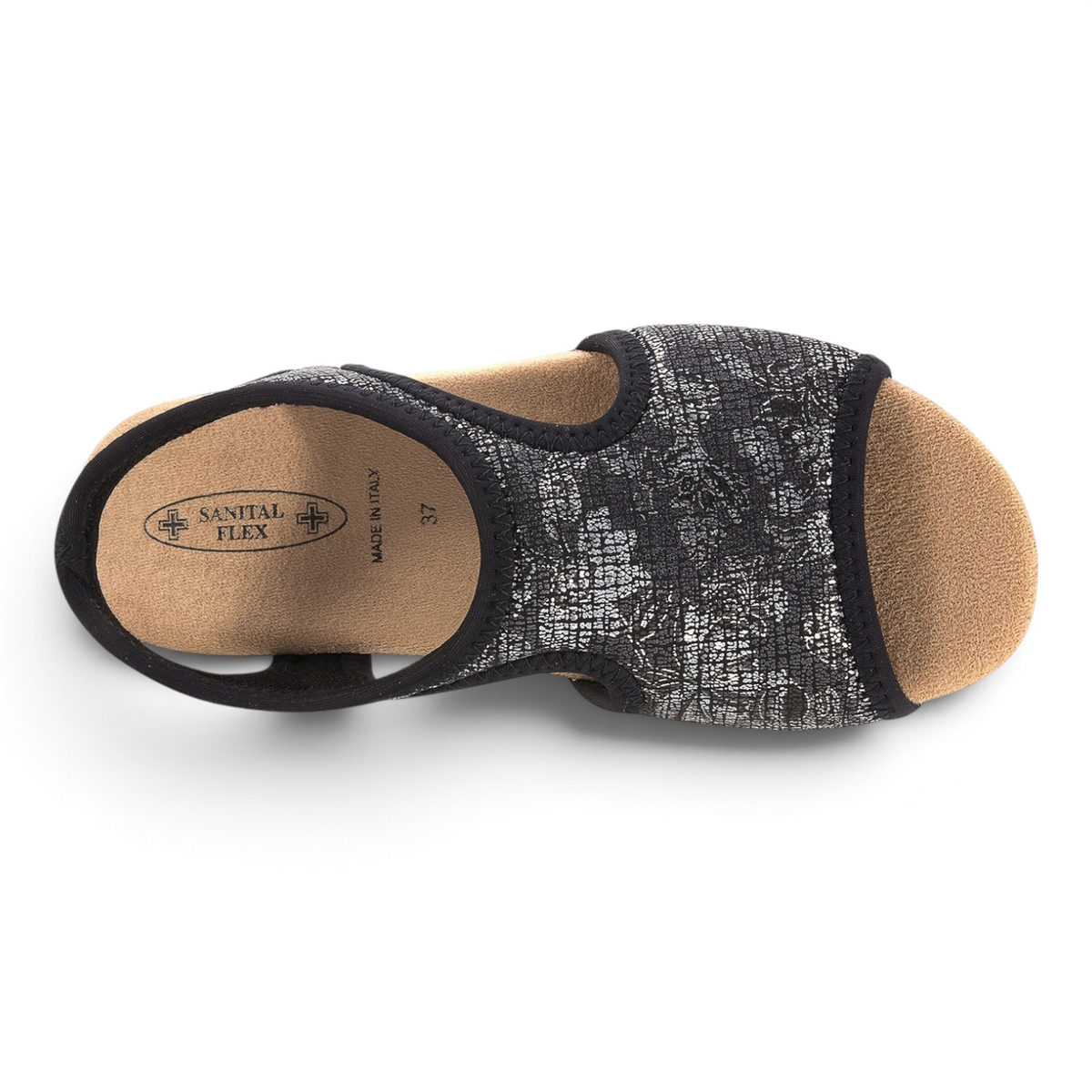 ShoeShop Sanital Flex 8056.17 women's comfort sandal with black and silver patterned upper and beige footbed
