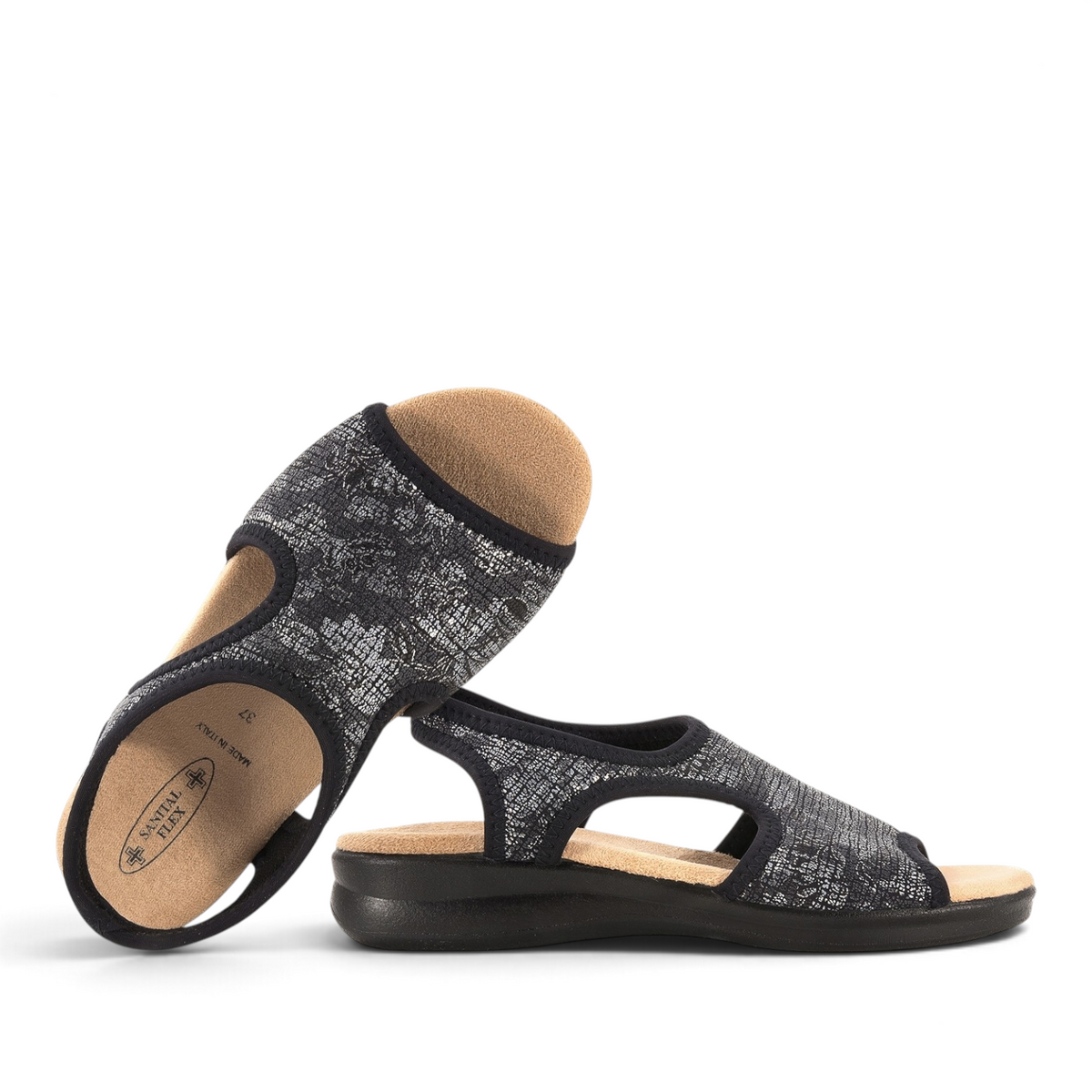 ShoeShop Sanital Flex 8056.17 women's black and silver patterned open-toe sandals with comfortable cushioned insoles