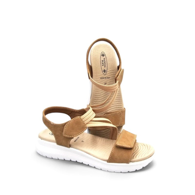 ShoeShop Sanital Flex 631.99 tan suede comfort sandals with adjustable velcro straps and white cushioned sole