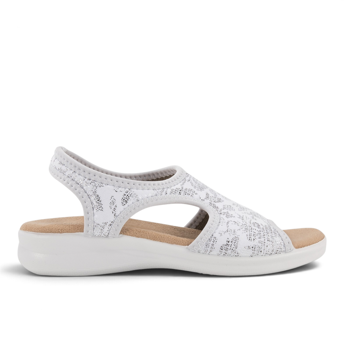 ShoeShop Sanital Flex 8056.17 white patterned comfort sandal with a cushioned beige footbed and flexible sole