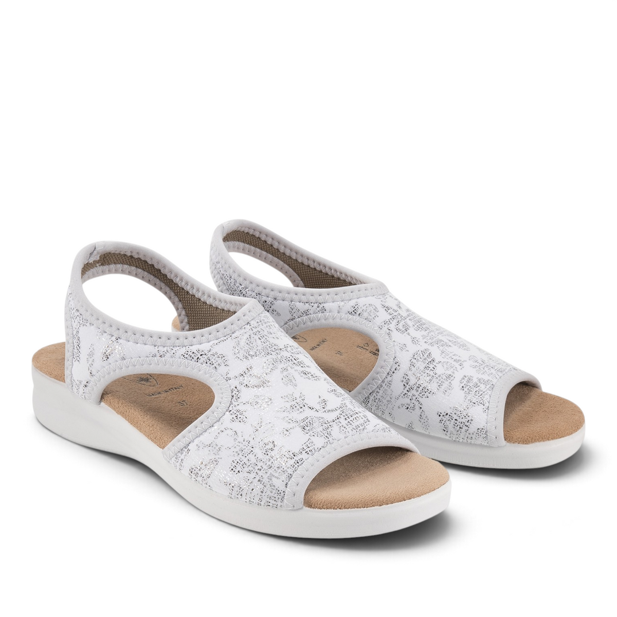 ShoeShop Sanital Flex 8056.17 white open-toe sandals with a metallic floral pattern and comfortable cushioned sole.