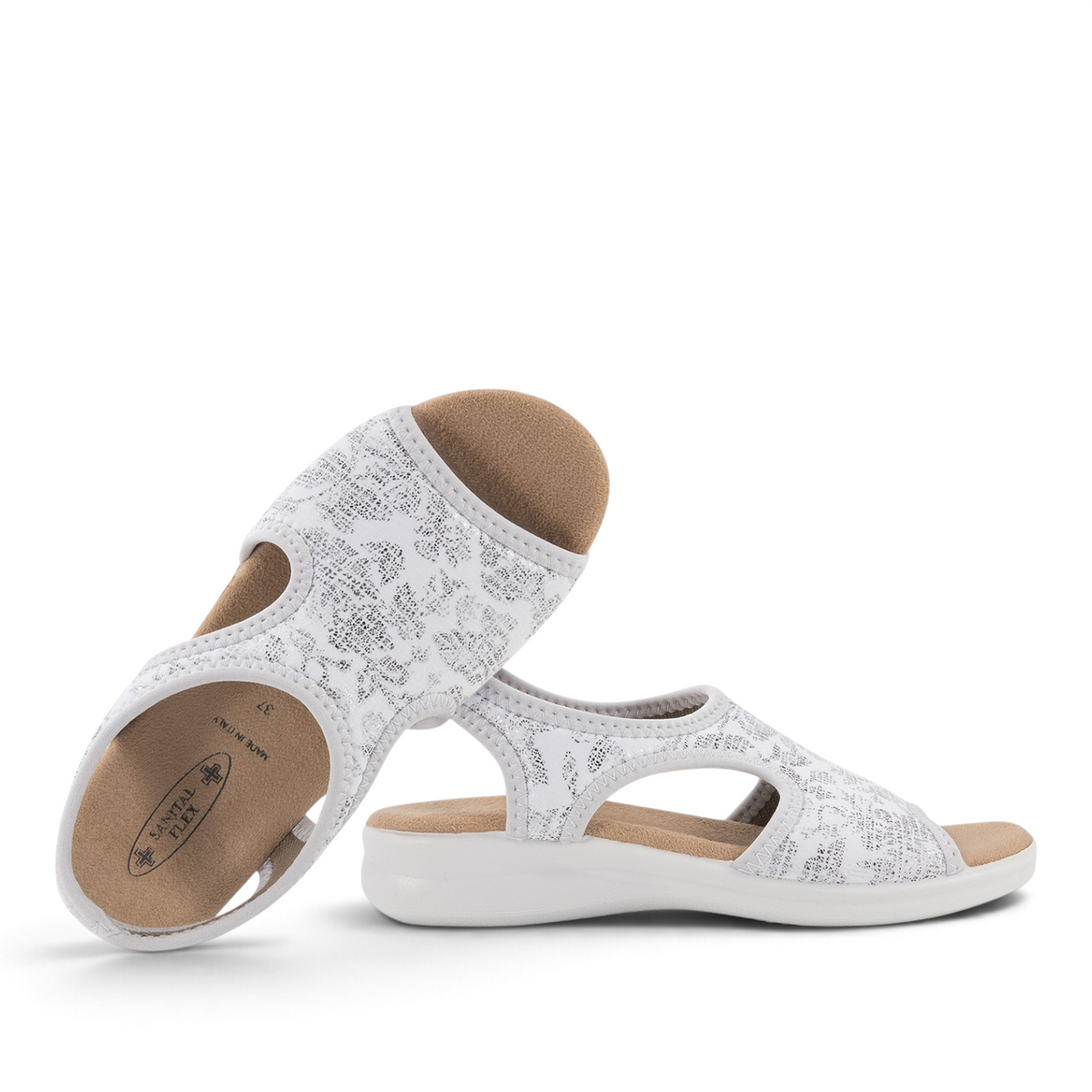 ShoeShop Sanital Flex 8056.17 white floral pattern comfort sandals with cushioned tan insoles