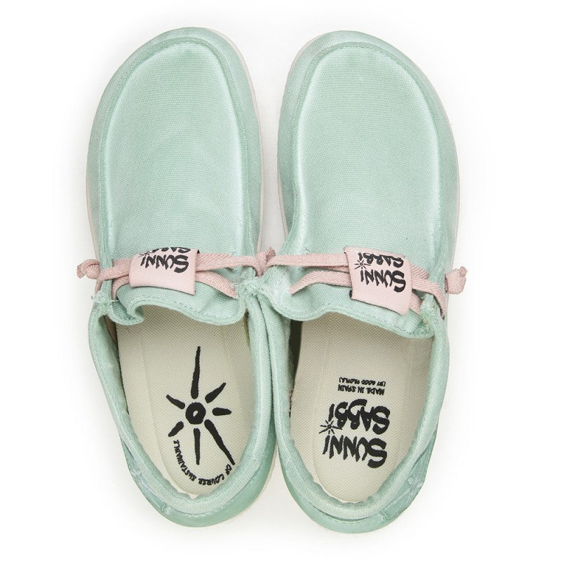 ShoeShop Sunni Sabbi KIKAI mint green organic cotton Wallabee style casual shoes with pink laces, top view
