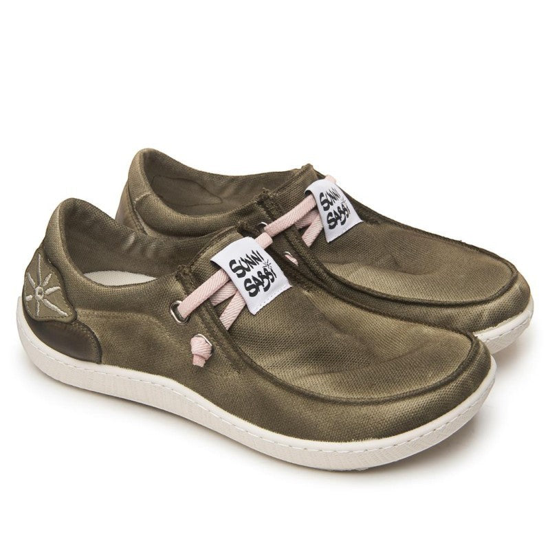 ShoeShop Sunni Sabbi KIKAI olive green organic cotton casual shoes with a natural rubber and cork zero-drop sole.
