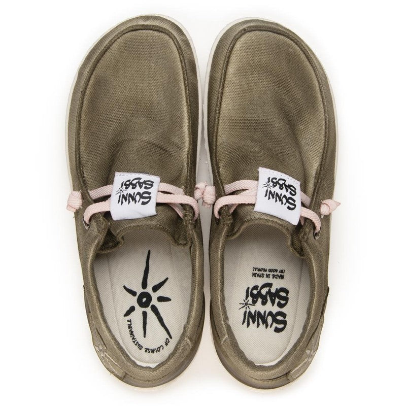 ShoeShop Sunni Sabbi KIKAI olive green organic cotton Wallabee-style casual shoes with light pink laces