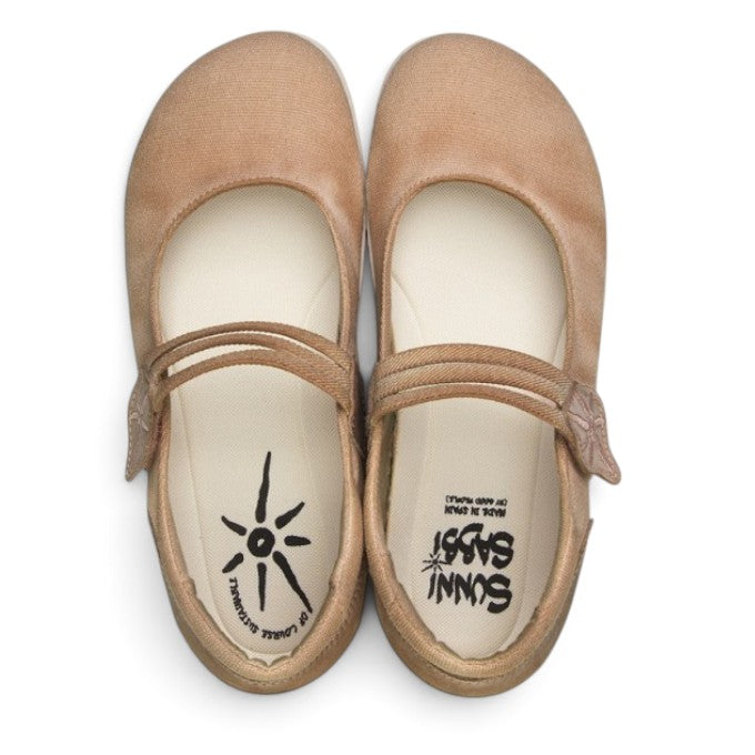 ShoeShop Sunni Sabbi MISEN beige canvas Mary Jane flats with a minimalist strap design and comfortable flat sole
