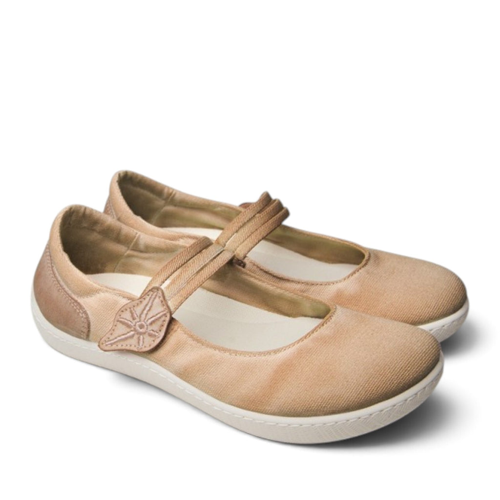 ShoeShop Sunni Sabbi MISEN beige canvas Mary Jane flats with a decorative floral strap detail and white rubber sole