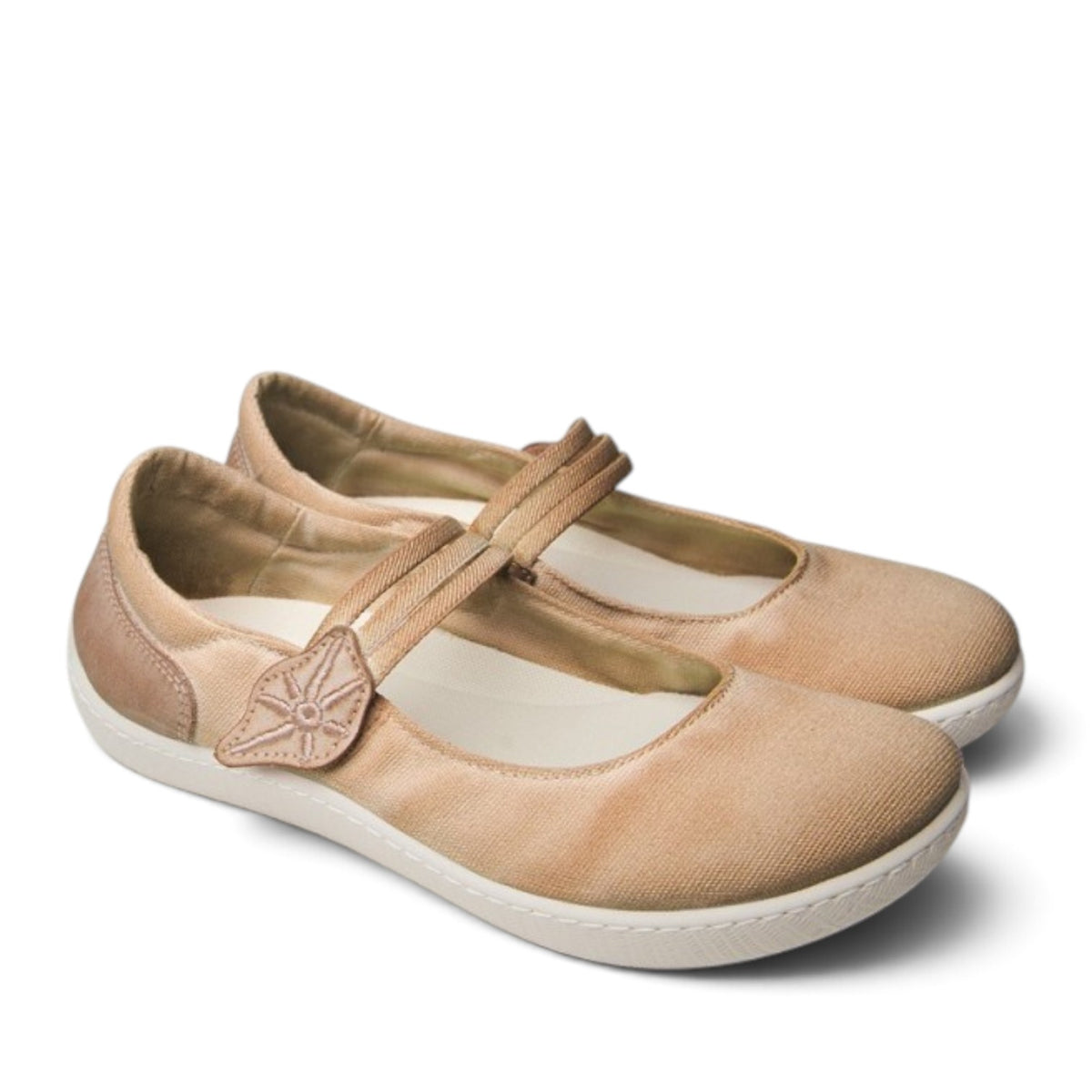 ShoeShop Sunni Sabbi MISEN beige canvas Mary Jane flats with a decorative floral strap detail and white rubber sole