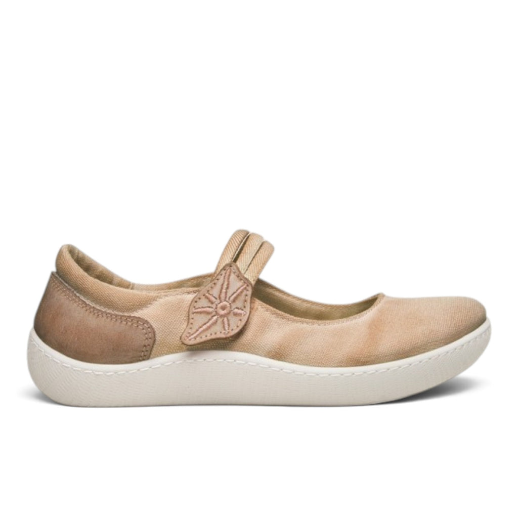 ShoeShop Sunni Sabbi MISEN beige canvas mary jane shoe with a floral velcro strap and white rubber sole