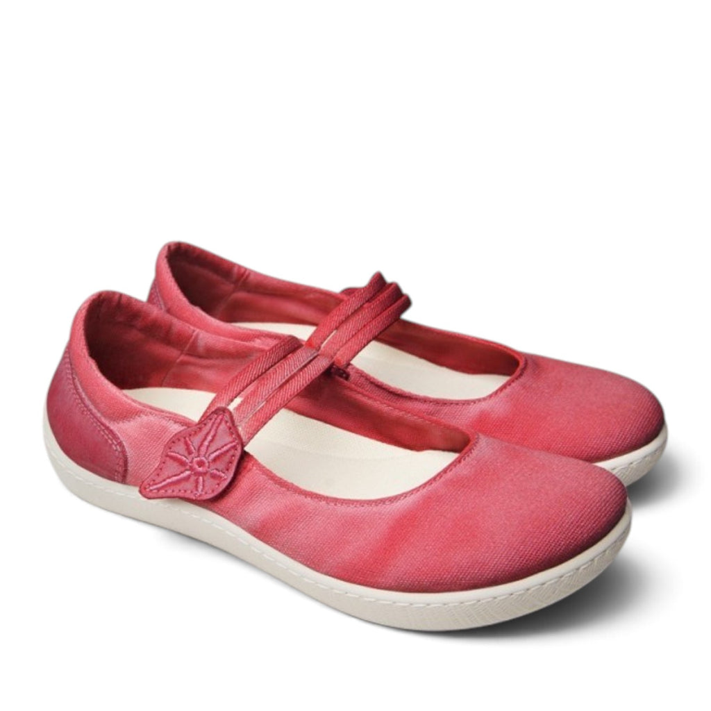 ShoeShop Sunni Sabbi MISEN red canvas mary jane flats with a decorative floral strap detail and white rubber sole