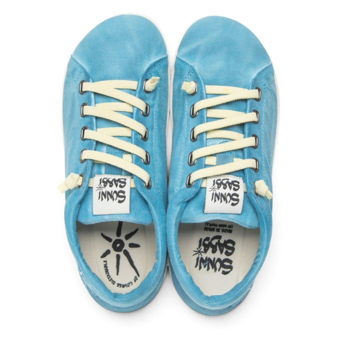 ShoeShop Sunni Sabbi OSHIMA light blue canvas sneakers with cream laces and flat soles, top-down view
