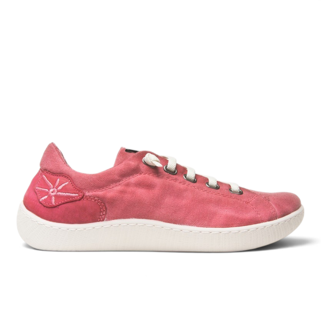 ShoeShop Sunni Sabbi OSHIMA pink canvas sneakers with white laces and a floral embroidery detail on the heel