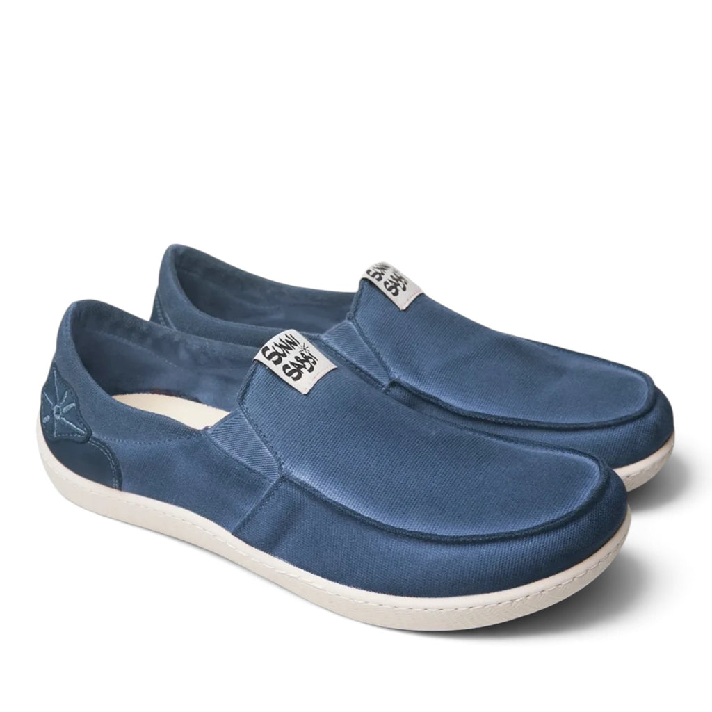 ShoeShop Sunni Sabbi SAPPORO blue organic cotton slip-on shoes with a natural rubber and cork zero-drop sole.