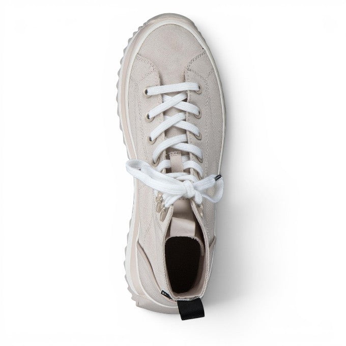 ShoeShop Tamaris beige canvas high-top sneakers with white laces and a textured platform sole, top-down view.