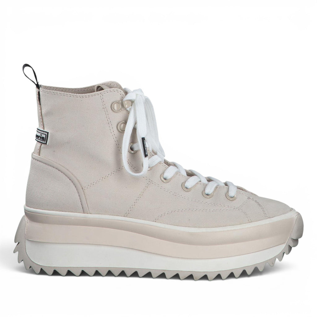 ShoeShop Tamaris beige canvas high-top sneakers with white laces and a chunky platform serrated rubber sole
