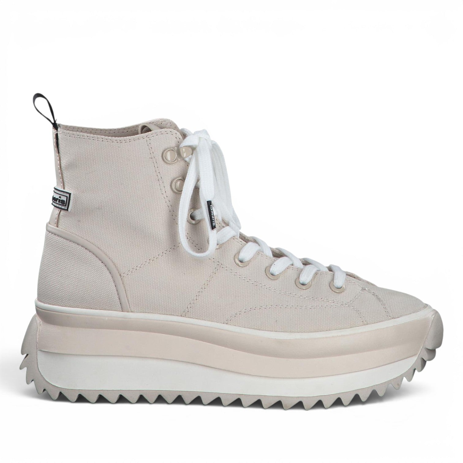 ShoeShop Tamaris beige canvas high-top sneakers with white laces and a chunky platform serrated rubber sole