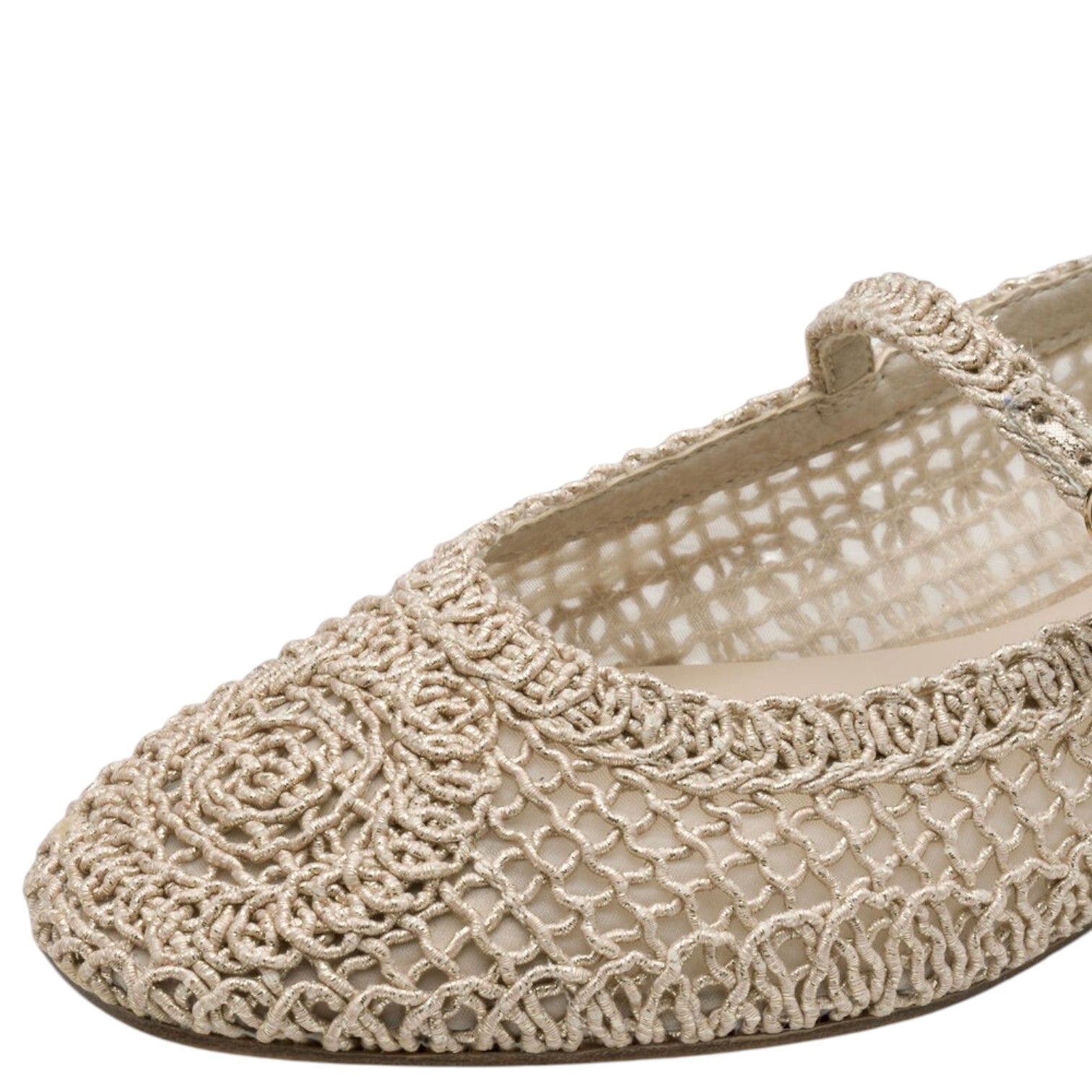 ShoeShop Tamaris beige textile crochet ballet flat with intricate floral pattern and non-slip rubber sole