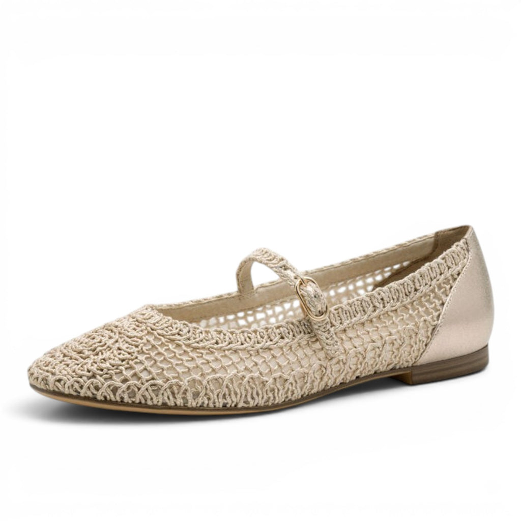 ShoeShop Tamaris beige textile crochet ballet flats with a delicate strap and non-slip rubber sole