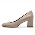 ShoeShop Tamaris beige leather block heel pumps with a classic closed-toe design