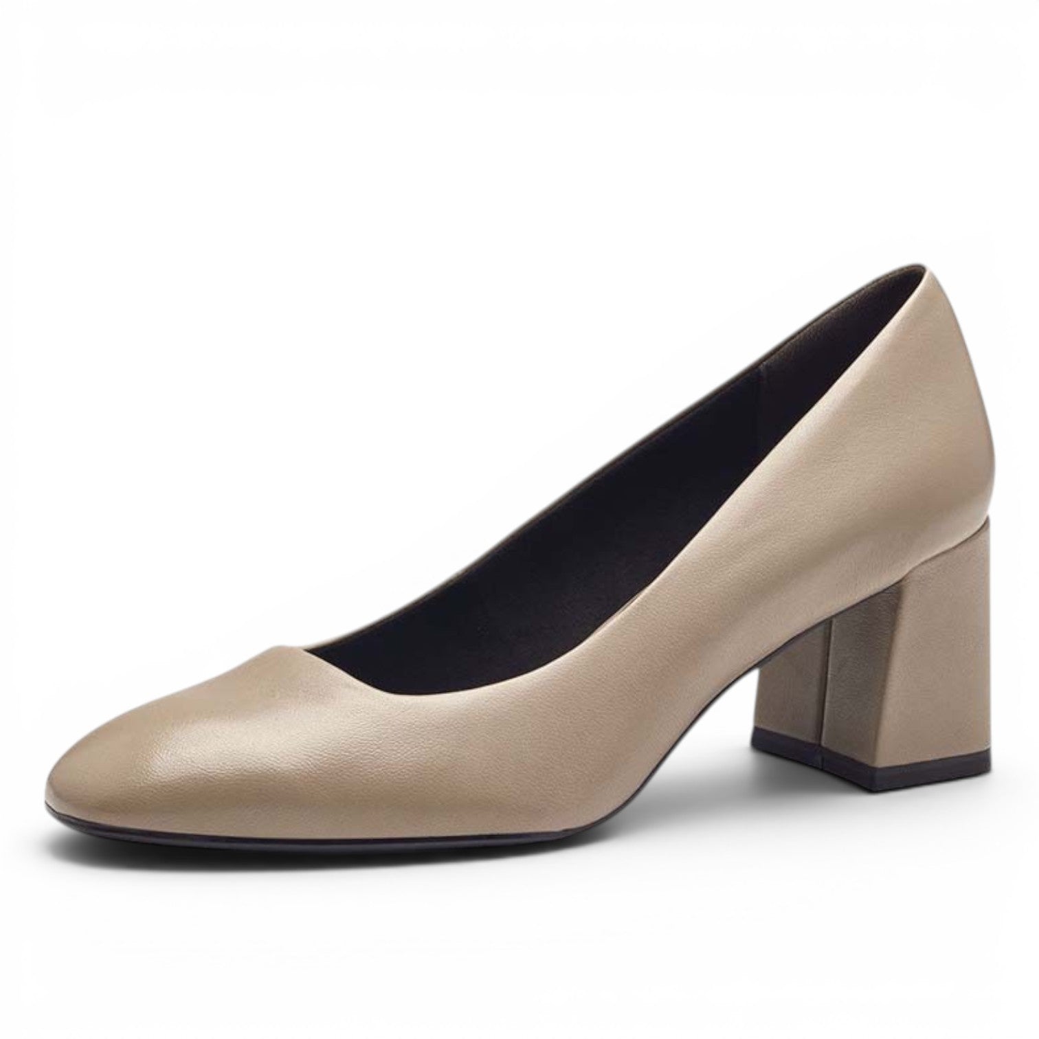 ShoeShop Tamaris beige leather block heel pumps with a rounded toe and elegant silhouette