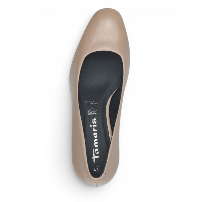 ShoeShop Tamaris beige leather pump shoe viewed from above with a rounded toe and comfortable insole.