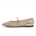 ShoeShop Tamaris beige textile mesh ballet flats with a metallic heel cap and delicate buckle strap