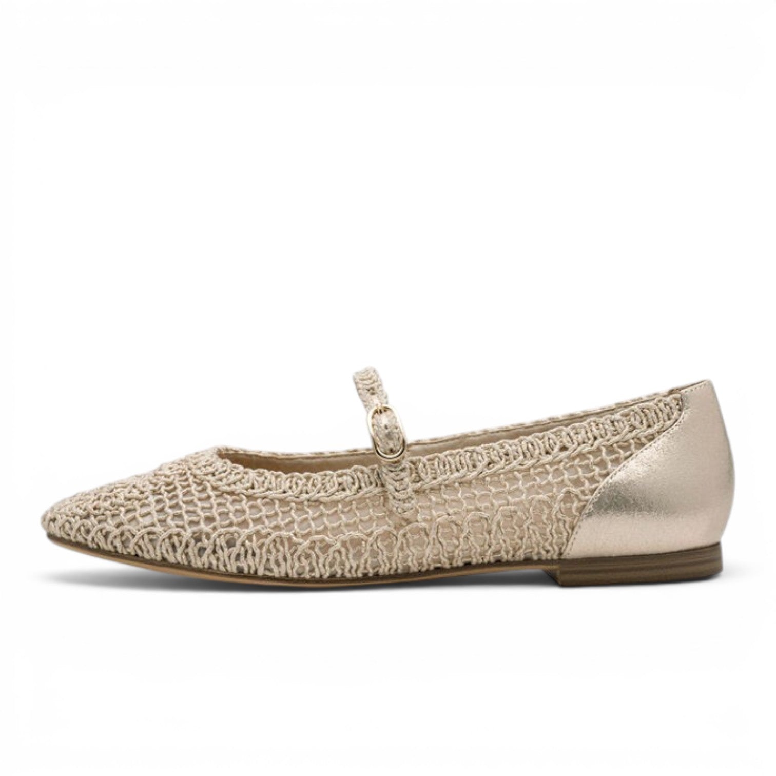 ShoeShop Tamaris beige textile mesh ballet flats with a metallic heel cap and delicate buckle strap