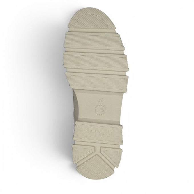 ShoeShop Tamaris beige textile shoe with a durable 5cm rubber lug sole, bottom view.