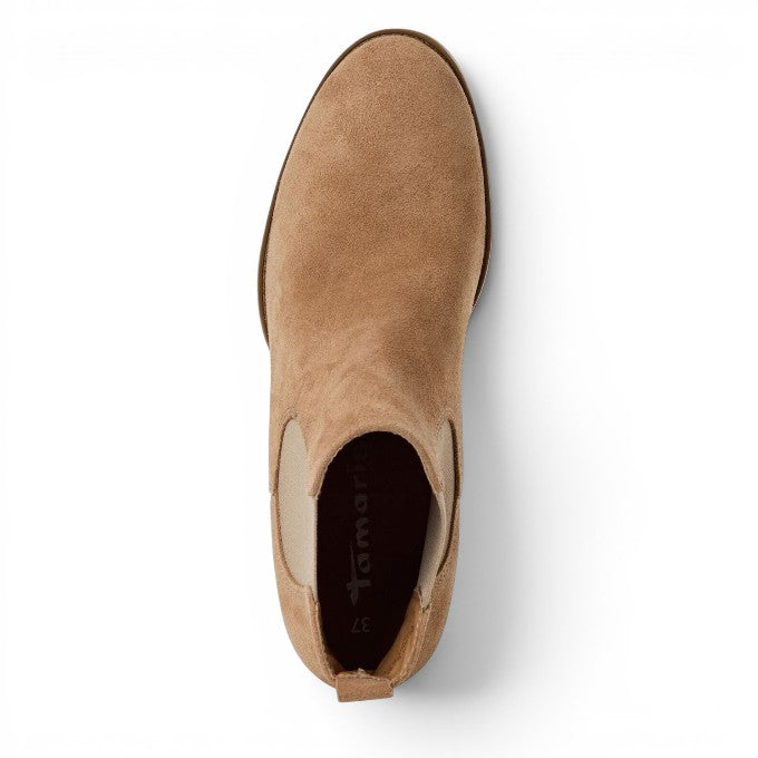 ShoeShop Tamaris beige suede Chelsea boots with elastic side panels and pull tab, top view