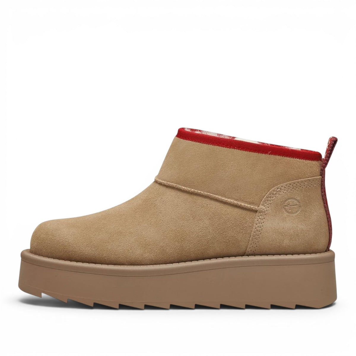 ShoeShop Tamaris beige suede ankle boot with a thick platform sole and red patterned trim detail.