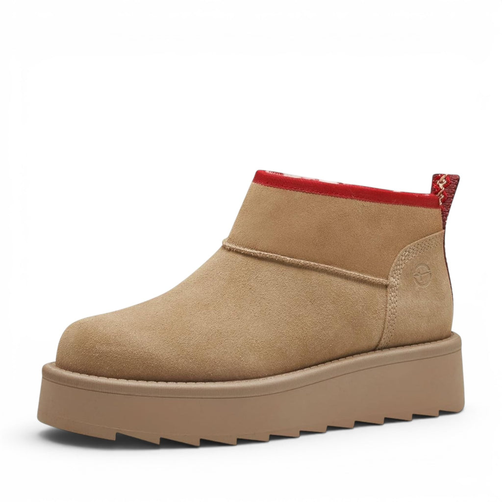 ShoeShop Tamaris beige suede ankle boots with a thick platform sole and red trim detail