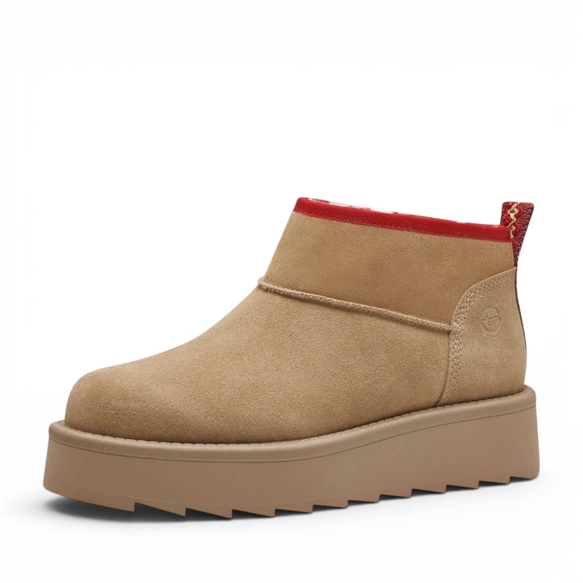 ShoeShop Tamaris beige suede ankle boots with a thick platform sole and red trim detail