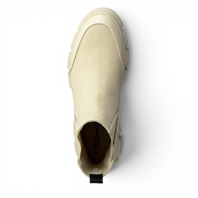 ShoeShop Tamaris beige textile slip-on ankle boots with a chunky rubber sole and 5cm heel, top view.