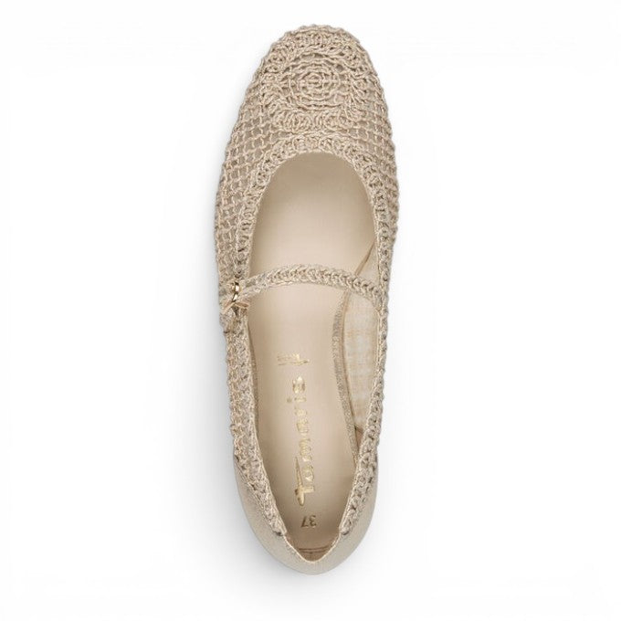 ShoeShop Tamaris beige woven textile ballet flat with a delicate strap and non-slip rubber sole, top view