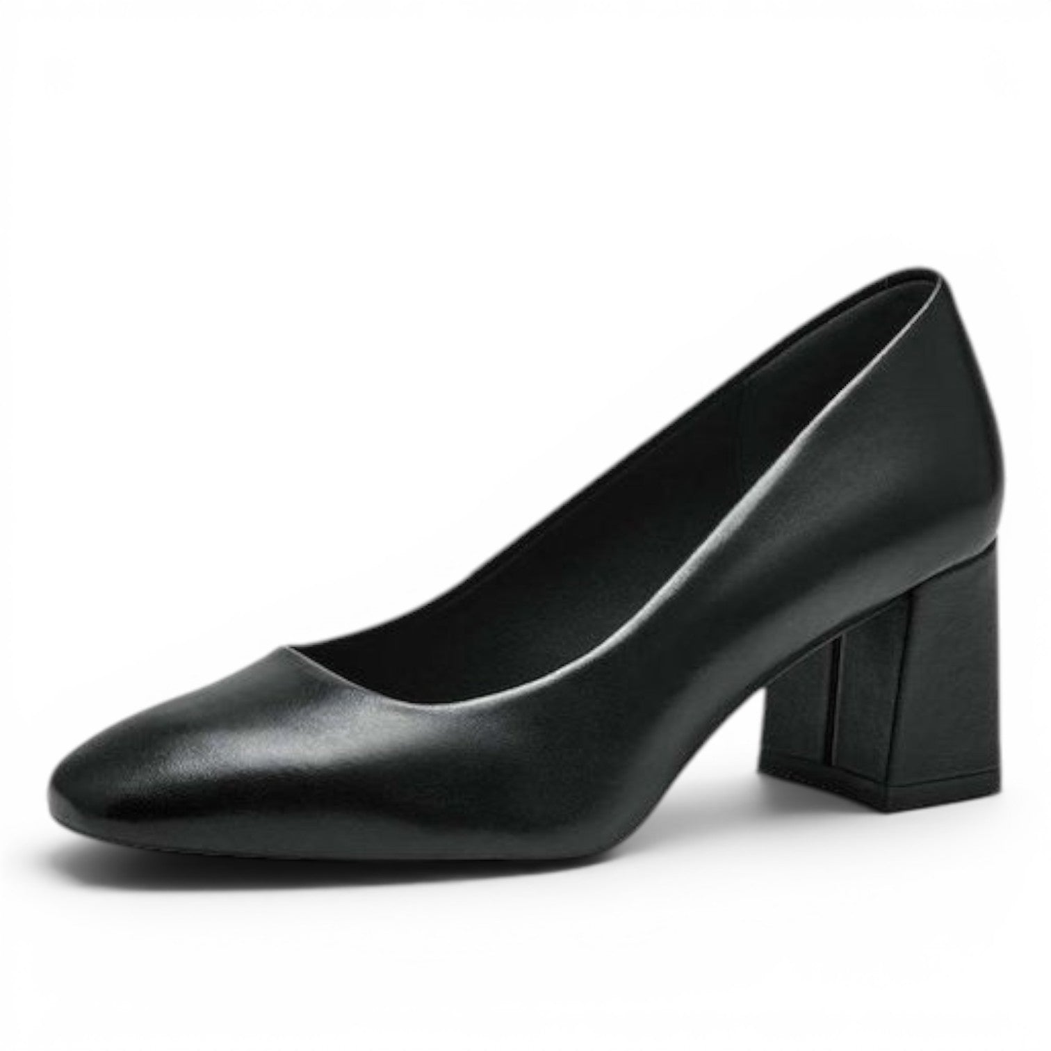ShoeShop Tamaris black leather block heel pumps with a classic round toe design