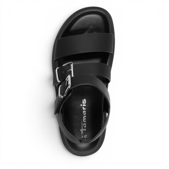 ShoeShop Tamaris black two-strap sandals with silver buckles and a comfortable flat sole