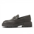 ShoeShop Tamaris black leather loafers with a chunky lug sole and silver metal hardware detail