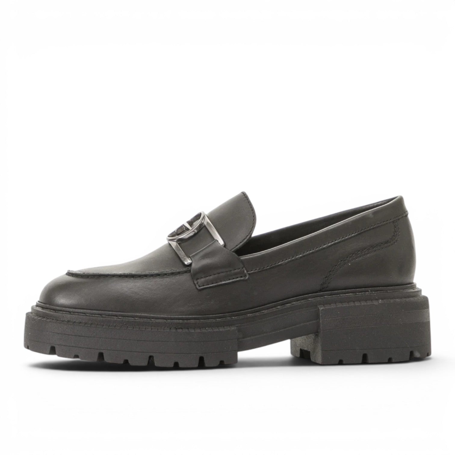 ShoeShop Tamaris black leather loafers with a chunky lug sole and silver metal hardware detail