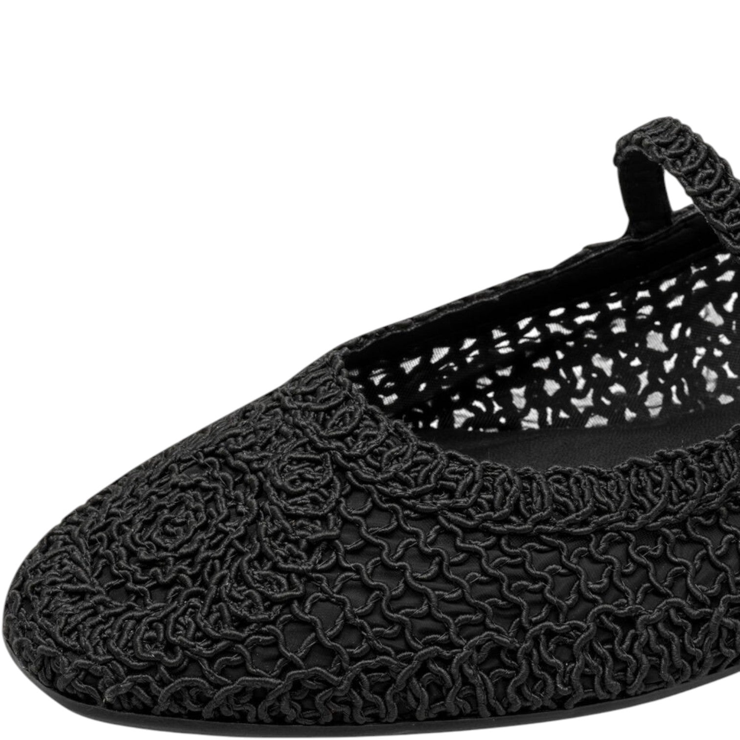 ShoeShop Tamaris black textile ballet flat with intricate crochet-style knit texture and non-slip rubber sole